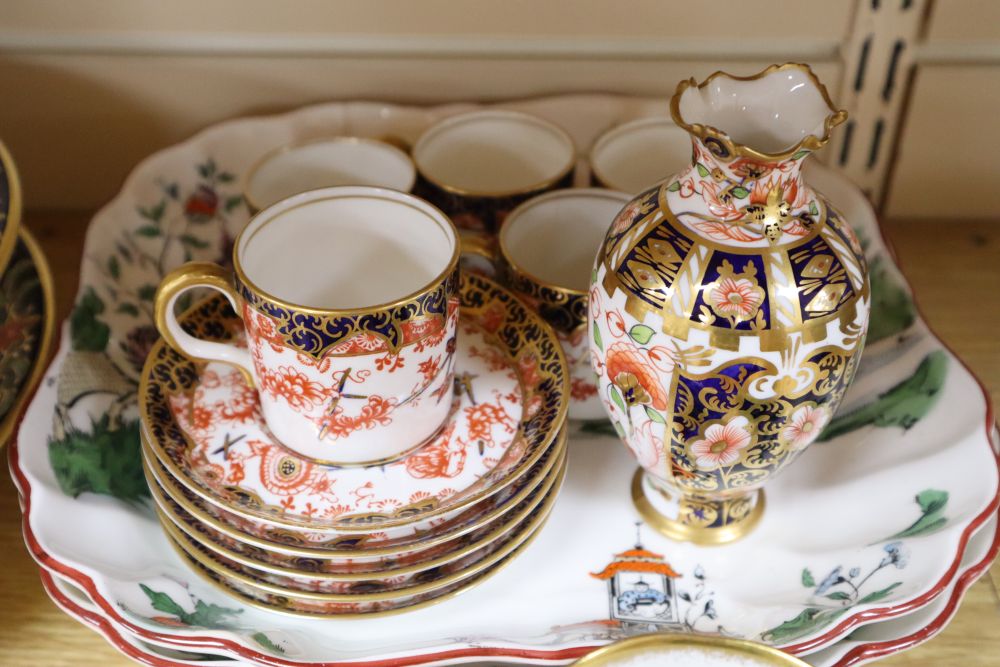 A Royal Albert Old Country Rose part tea set and a Crown Derby coffee set, two Derby comports etc.